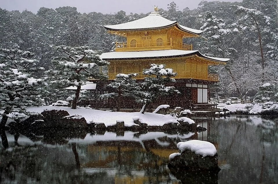 冬季積雪的金閣寺、雪松與鏡湖池中淡淡的倒影