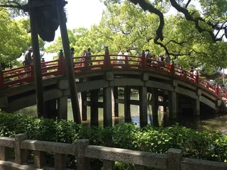 太宰府天滿宮心字池上朱紅太鼓橋與林木
